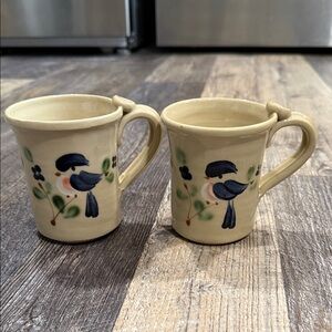 Cream Ceramic Mugs with Blue Bird Motif - Pair